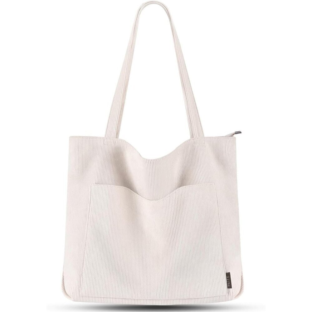 Women Beige Corduroy Polyester Lining Shoulder Bag with Zipper And Pockets